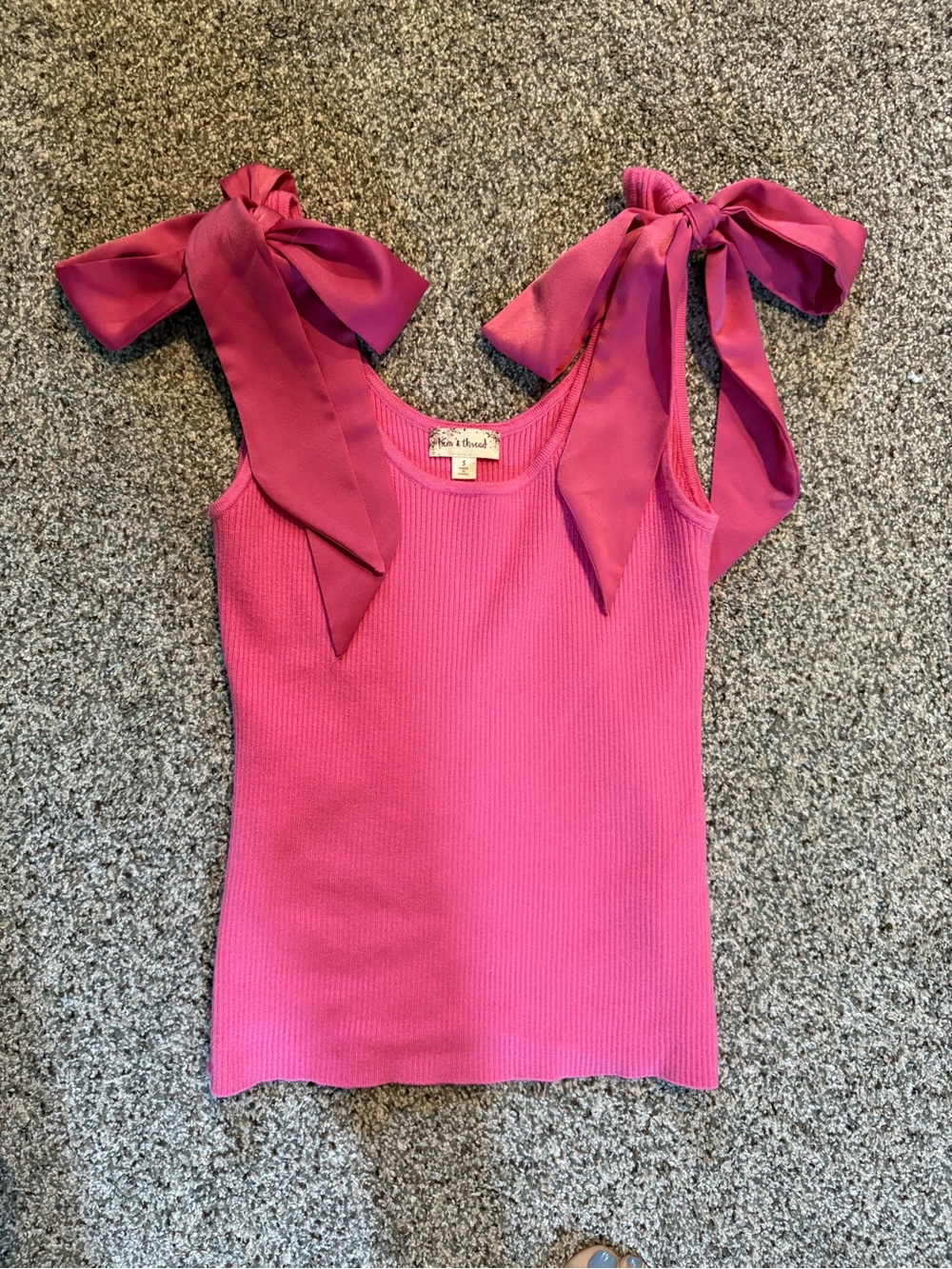 Hem & Thread Bright Pink Ribbed Tank with Bow Shoulder Ties